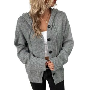 Commense Gray Hooded Button Front Knit Cardigan Drawstring NWT XS